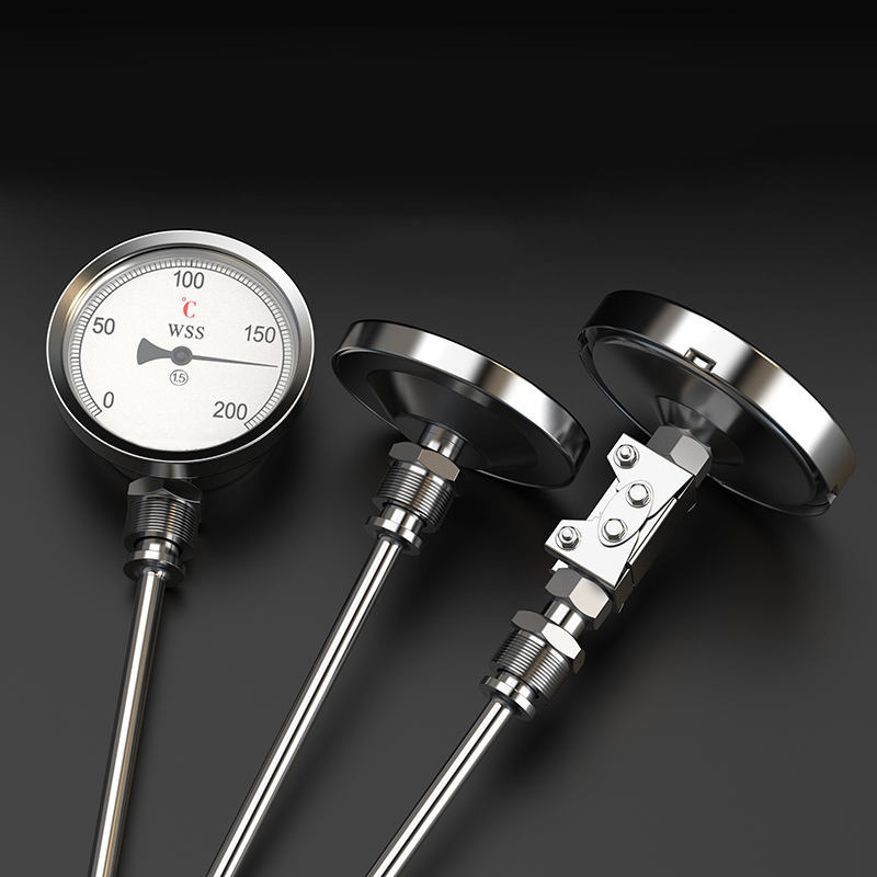 Termometro bimetallico di tipo a puntatore di precisione in acciaio inossidabile 304 con lunghezza personalizzata di tipo assiale-radiale industriale 1/2 filettatura 1.6